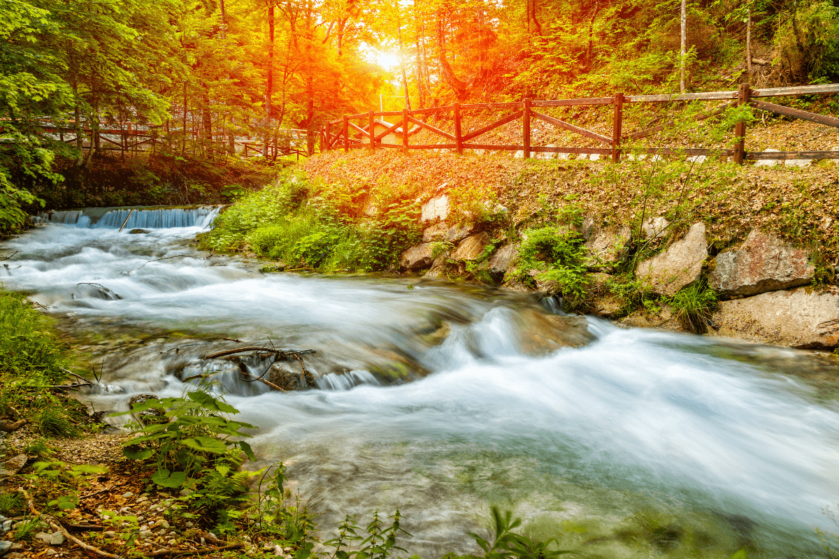 Caminho iluminado por uma luz divina em meio a uma paisagem serena, simbolizando a jornada guiada pela presença de Deus.